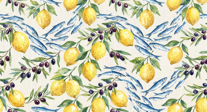 Seamless Pattern of Mediterranean Sardines Meyer Lemons and Olive Branches on Linen