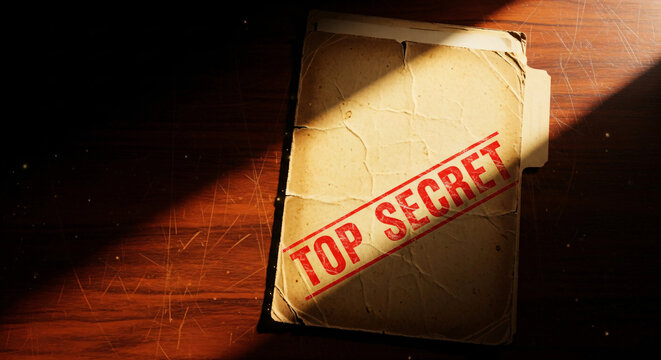 Top Secret File Folder Old Vintage Confidential Paper On Wooden Desk
