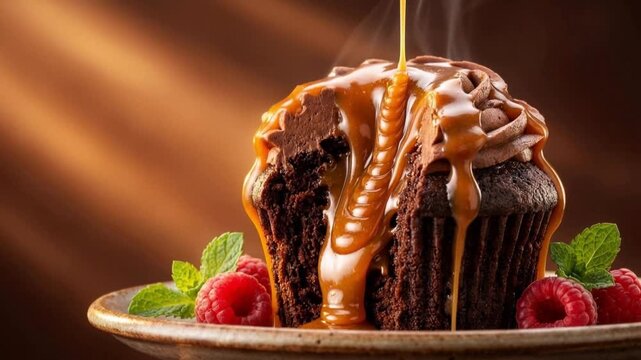 Rich chocolate cupcake with warm caramel sauce pouring over fresh raspberries and mint leaves