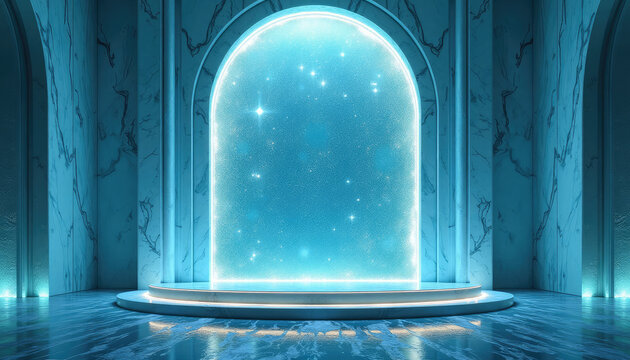 A glowing portal stands within a futuristic marble hall. Its arched surface contains a star-filled cosmic field. Science fiction gateway and interdimensional travel concept for fantasy