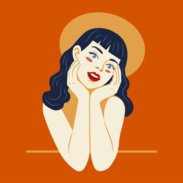 Happy Woman Resting Face in Hands &ndash; Joy, Beauty and Positive Emotion Vector Illustration
