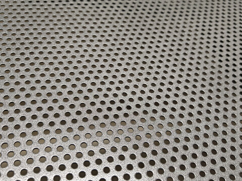 a silver perforated metal sheet texture with regular circular holes, suitable for industrial backgrounds, architectural design, manufacturing concepts, and modern technology templates