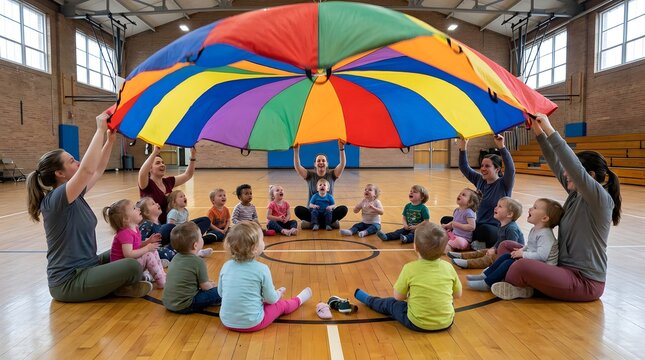 Diverse group of toddlers and teachers playing with rainbow parachute