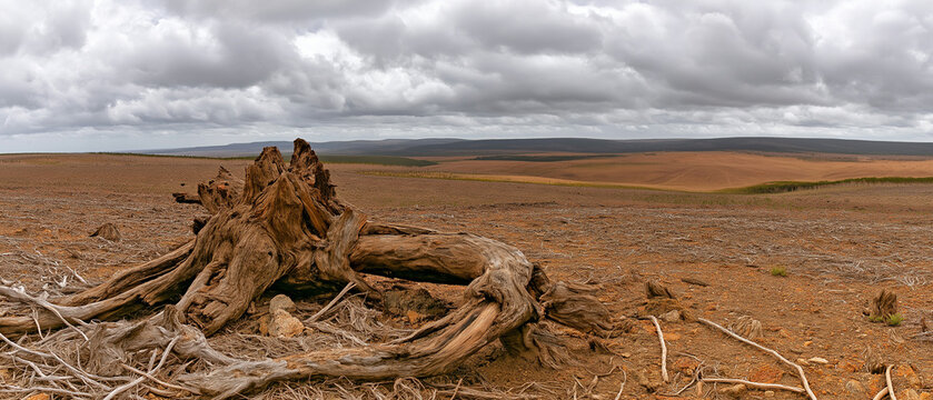 Deforestation Landscape: The stark, barren landscape of a deforested area under a dramatic, cloudy sky highlights the devastating impact of environmental degradation.
