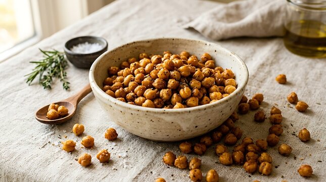 Seasoned roasted chickpeas in a speckled ceramic bowl on a linen cloth with herbs and olive oil