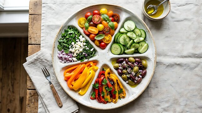 Mediterranean vegetable platter with cherry tomatoes, cucumbers, olives, peppers, and feta cheese on a linen cloth