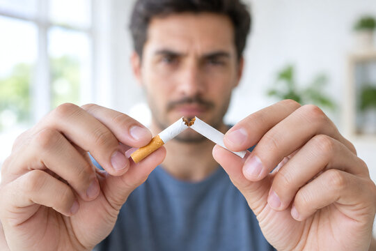 Man breaking cigarette in half close up, quitting smoking concept, healthy lifestyle decision and willpower against tobacco addiction