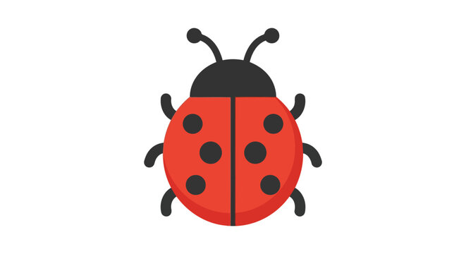 A flat vector illustration depicts a red ladybug with black spots on a white background