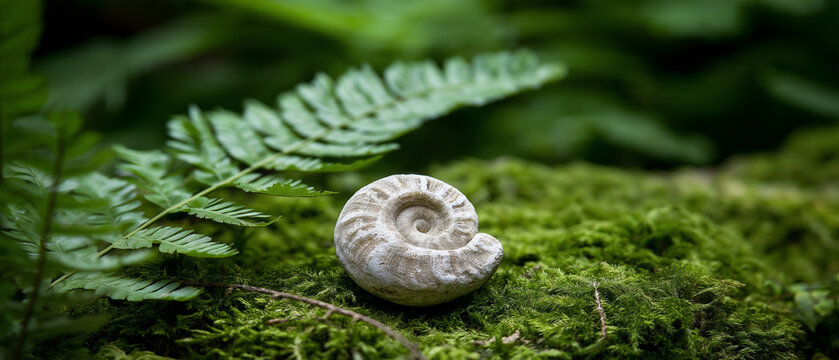 Fossilized Spiral on Mossy Log: A solitary ammonite fossil rests upon a vibrant, moss-covered log, flanked by lush green fern fronds, hinting at ancient life and the passage of time.