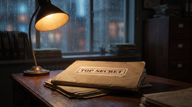 Top Secret Confidential Documents on Desk in Dark Office with Rainy Window