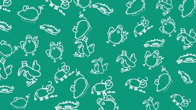 Green background with white line illustrations of cute animals like chickens, crocodiles, mice, cows, and patterns. Perfect for kids products.
