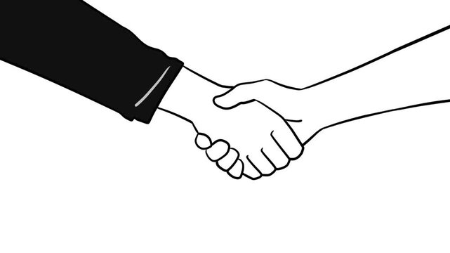 Animated handshake gesture in clean black line art style. Concept of business deal, agreement, friendship, and teamwork. Minimalist vector motion illustration