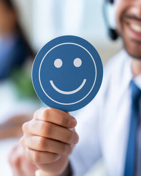 Customer Satisfaction: A smiling customer service representative wearing a headset holds up a blue smiley face icon, symbolizing excellent customer feedback and a positive experience.