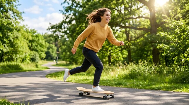 Happy young woman riding a skateboard on a paved path in a sunny park