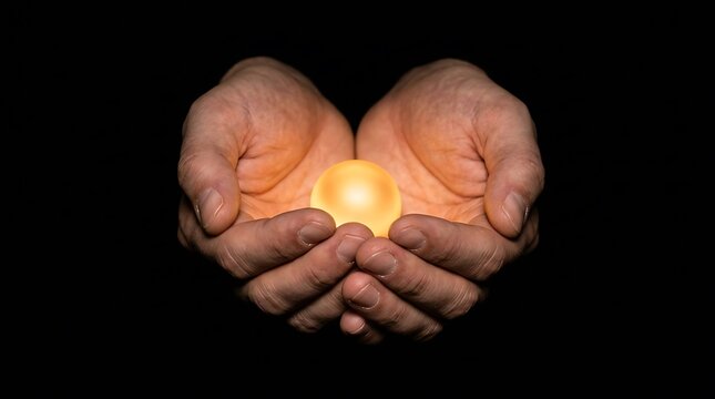 Cupped hands holding a bright glowing golden orb in darkness, representing hope, potential, or future.
