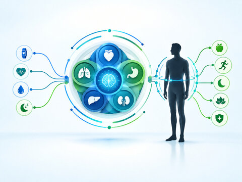 Digital health concept with human body and medical technology icons network