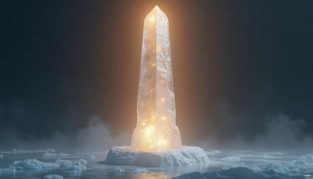 A luminous ice obelisk rises from frozen water as a solitary monument. Its tall faceted surface glows warmly through mist. Arctic fantasy and winter solstice symbolism shape this frozen