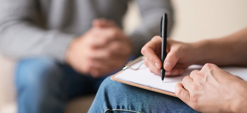 Therapist taking notes during counseling session with patient in office