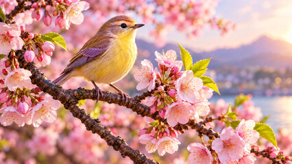 Obraz premium Small bird perched on blooming cherry blossom tree branch in spring