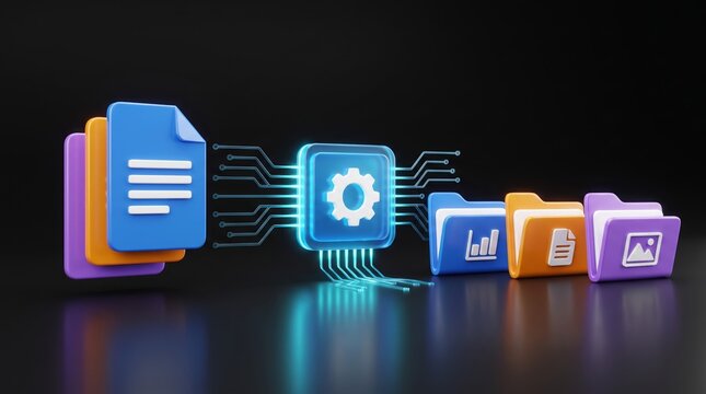 Glossy 3d digital processor chip transfers colorful document files and organized folders through glowing blue lines on dark reflective surface