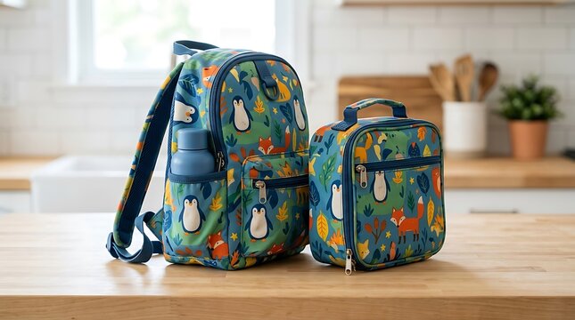 Kids school backpack and lunch bag set with animal print on kitchen table