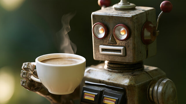 Retro Robot's Morning Brew: A charming vintage robot, with glowing eyes and a steam-filled cup of coffee, enjoys a moment of tranquility amidst a soft, blurred natural background.