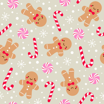 Cute gingerbread man, candy and snow seamless pattern design for Christmas holidays background.