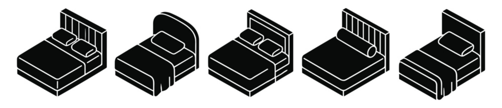 set of five black bed icons designed in isometric style for furniture and interior illustration on transparent background