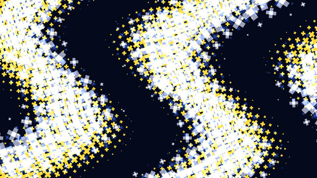 Yellow and white cross pattern with halftone effect on dark blue background, plus sign shapes arranged in wavy lines for abstract wallpaper isolated on a transparent background