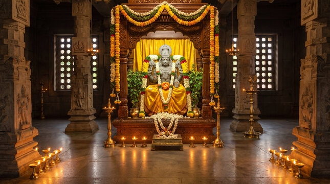 Traditional Vishnu temple decorated with Tulsi and flowers