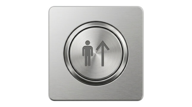 Modern silver metal elevator button with a circular brushed-steel face, clean recessed mounting and simple engraved human-and-arrow symbol, sleek contemporary control interface. Photorealistic macro