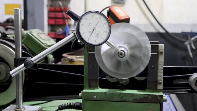 A dial indicator measures the shaft runout of a turbocharger compressor wheel.