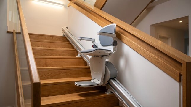Modern stairlift with grey padded seat and metal rail installed on wooden staircase steps for accessibility in contemporary residential homes