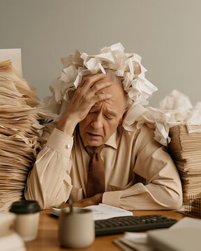 Overwhelmed by Paperwork: An exhausted elderly businessman sits at a cluttered desk, his head buried in stacks of paper, looking stressed and overwhelmed by the sheer volume of work.