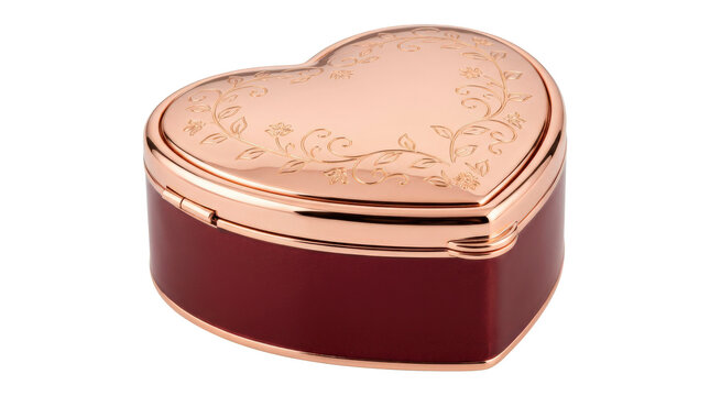 Heart-shaped keepsake box with a rigid decorative body, fitted lid, smooth refined exterior and softly rounded heart contours, designed for storing sentimental jewelry or mementos. Photorealistic