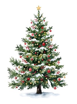 Watercolor Christmas tree with snow, red baubles, and glowing lights on white background festive holiday vector design