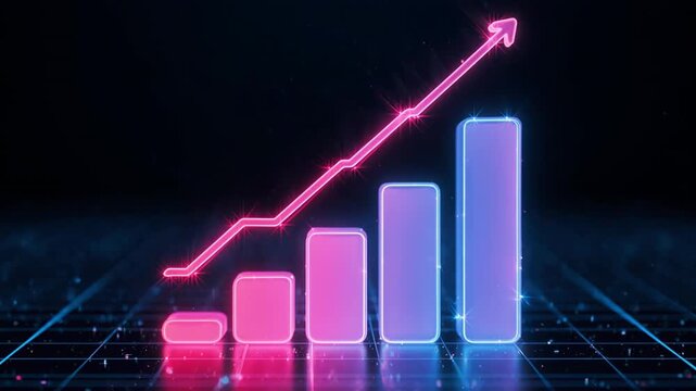 Glowing bar chart with ascending red line graph during dark digital background with subtle grid pattern