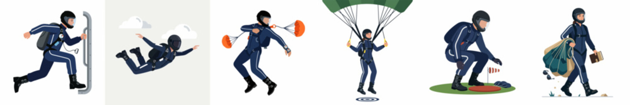 Flat Vector Illustrations Depicting the Sequential Stages of a Skydiving Jump from Exit to Landing