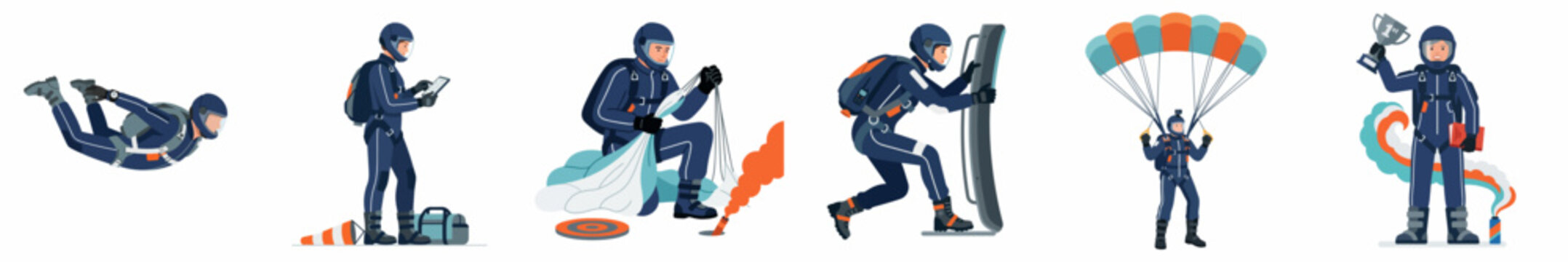 Collection of skydiver character illustrations used as business metaphors for success, risk, growth, and achievement in a flat design style.