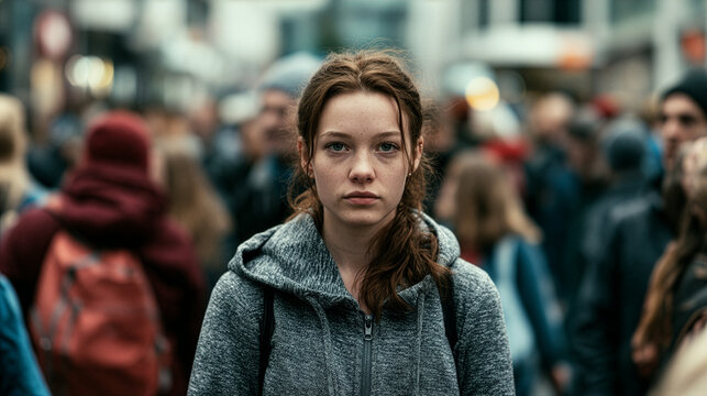 woman standing still in the middle of a busy city street during daytime, calm thoughtful facial expression, surrounded by a diverse crowd of pedestrians walking