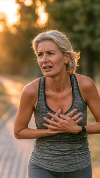 fit middle-aged woman stopping during a morning jog after feeling sudden chest pain  one hand on his chest  concerned facial expression  tree-lined park at sunrise