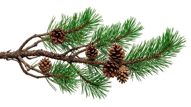 Evergreen pine branch with vibrant green needles and several naturally attached brown pine cones, detailed woody stem, and fresh botanical texture. Photorealistic, front 3/4 view, horizontal