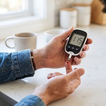 Hand using digital glucose meter to check blood sugar, diabetes health monitoring concept