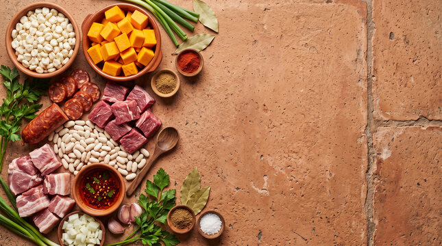 Top down view of Argentine Locro corn and pumpkin stew ingredients on clay