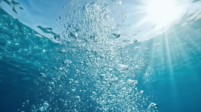 Beautiful underwater sunburst and crystal clear oxygen bubbles moving video background