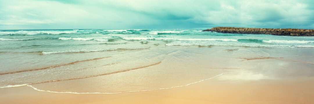 Seacoast of Costa da Caparica city. View of Lisbon. Almada, Portugal