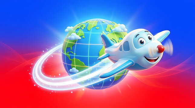 Cute cartoon airplane flying around the globe with glowing light trails for travel concept
