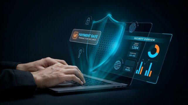 Cybersecurity digital shield protection on laptop, secure online payment and data privacy interface, futuristic network safety technology for business