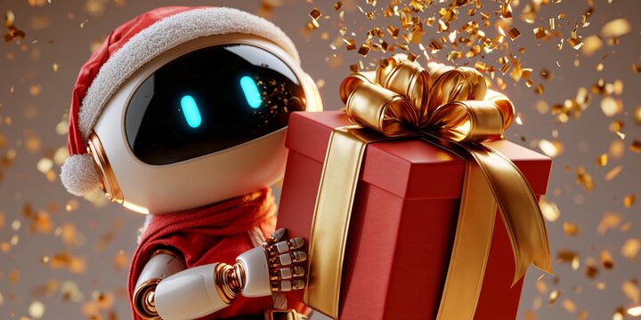 Festive robot wearing Santa hat holds red gift box with golden bow, surrounded by sparkling gold.