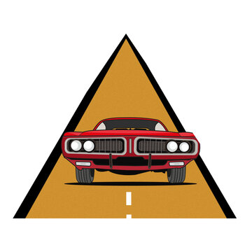Stylized vector illustration of a classic red muscle car driving on a yellow triangular road with a dashed white line, retro graphic design element isolated on white. 